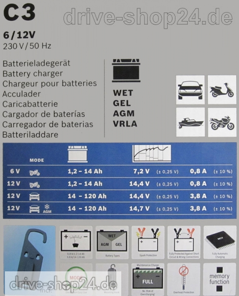  Bosch C3 Ladegerät für Auto- Motorrad- Roller- ATV- Quad- Batterie  Batterieladegerät